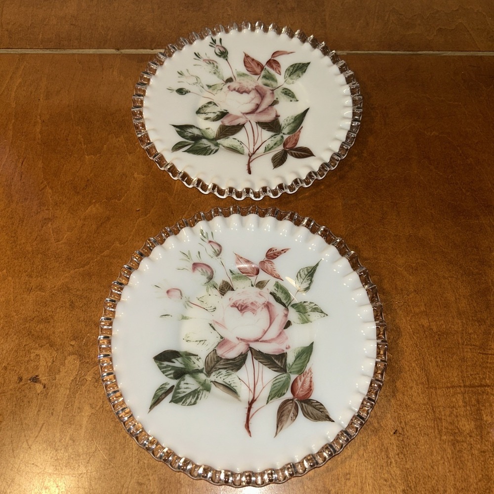2 VINTAGE FENTON MILK GLASS WITH CHARLESTON ROSE RUFFLED EDGE PLATES 8 5/8"